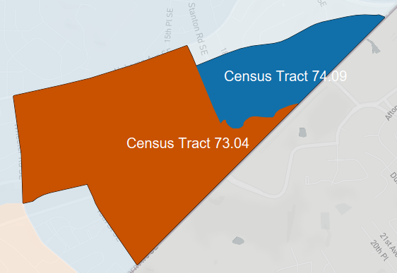 Close-up map of adjacent census tracts spanning the Shipley Terrace and Congress Heights neighborhoods. Tract 73.04 (Shipley Terrace) is strongly above the citywide value; tract 74.09 (Congress Heights) is strongly below it.
