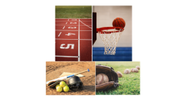 DC Sports Review Graphic of track and basketball hoop and baseball glove